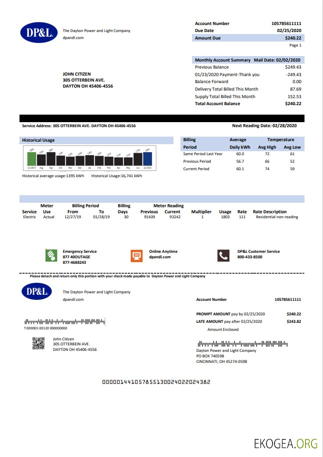 USA Ohio DP&L utility bill template in Word and PDF format